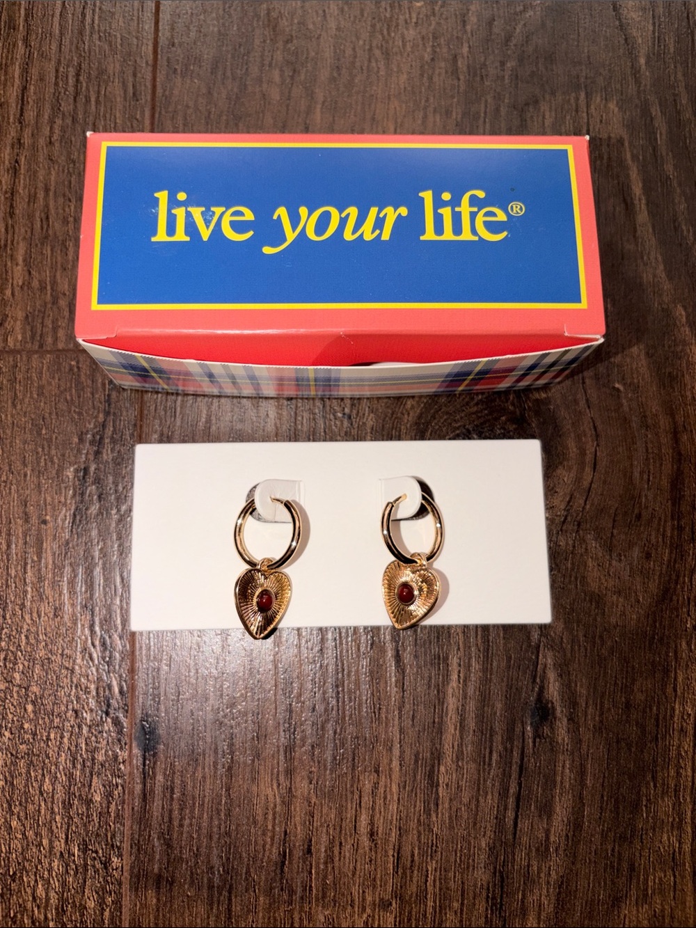NWT Gold Heart Hoop Earrings with Red Stone